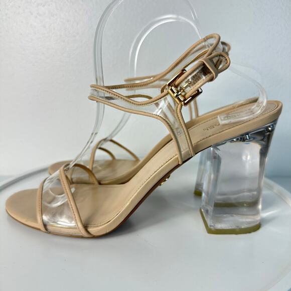 Michael Kors Heels Tori Lucite Clear Plastic Open Toe Buckle Ankle Strap Tan 11 - Picture 12 of 12